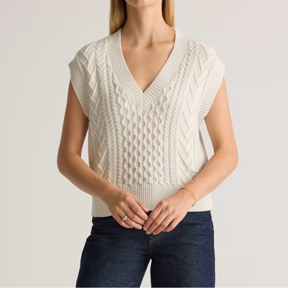 Babaton Cream V-Neck Cable Knit Sweater